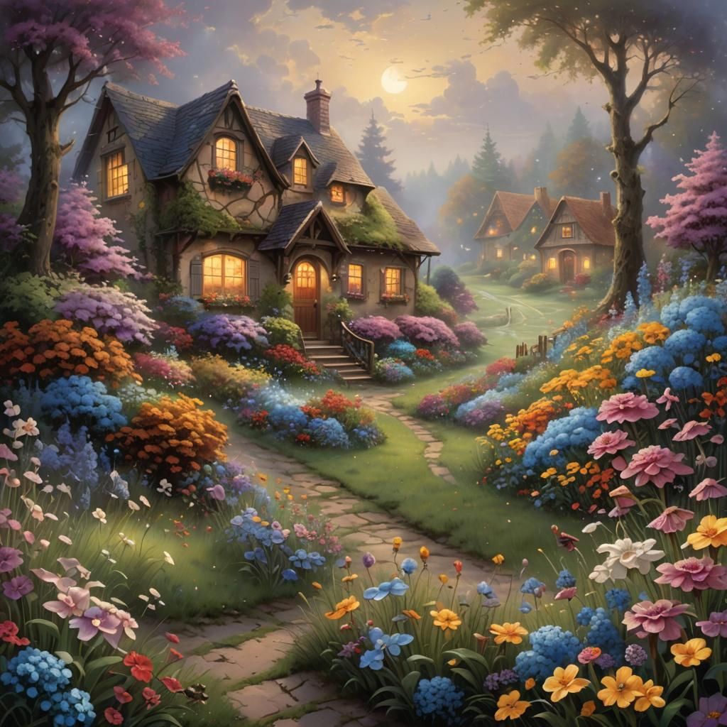 Girl Gathering Flowers Near Candy House, Fantasy Art