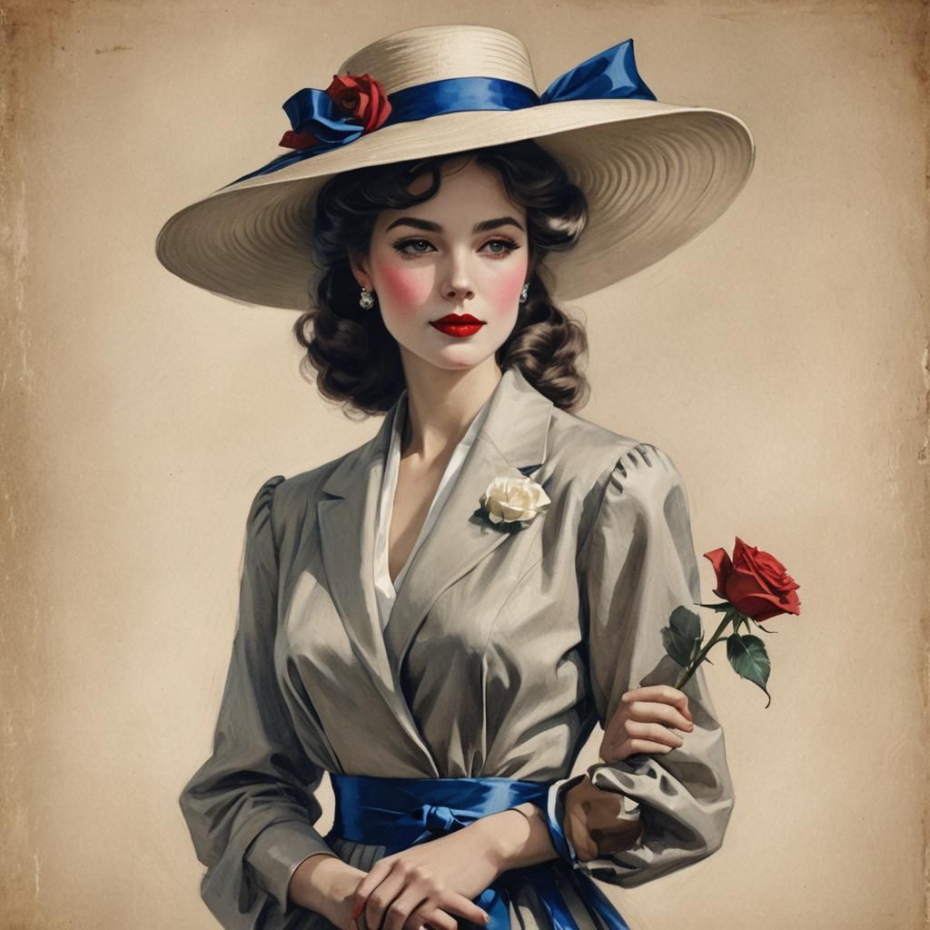Elegant Woman with Hat, Rose, and Red Lipstick