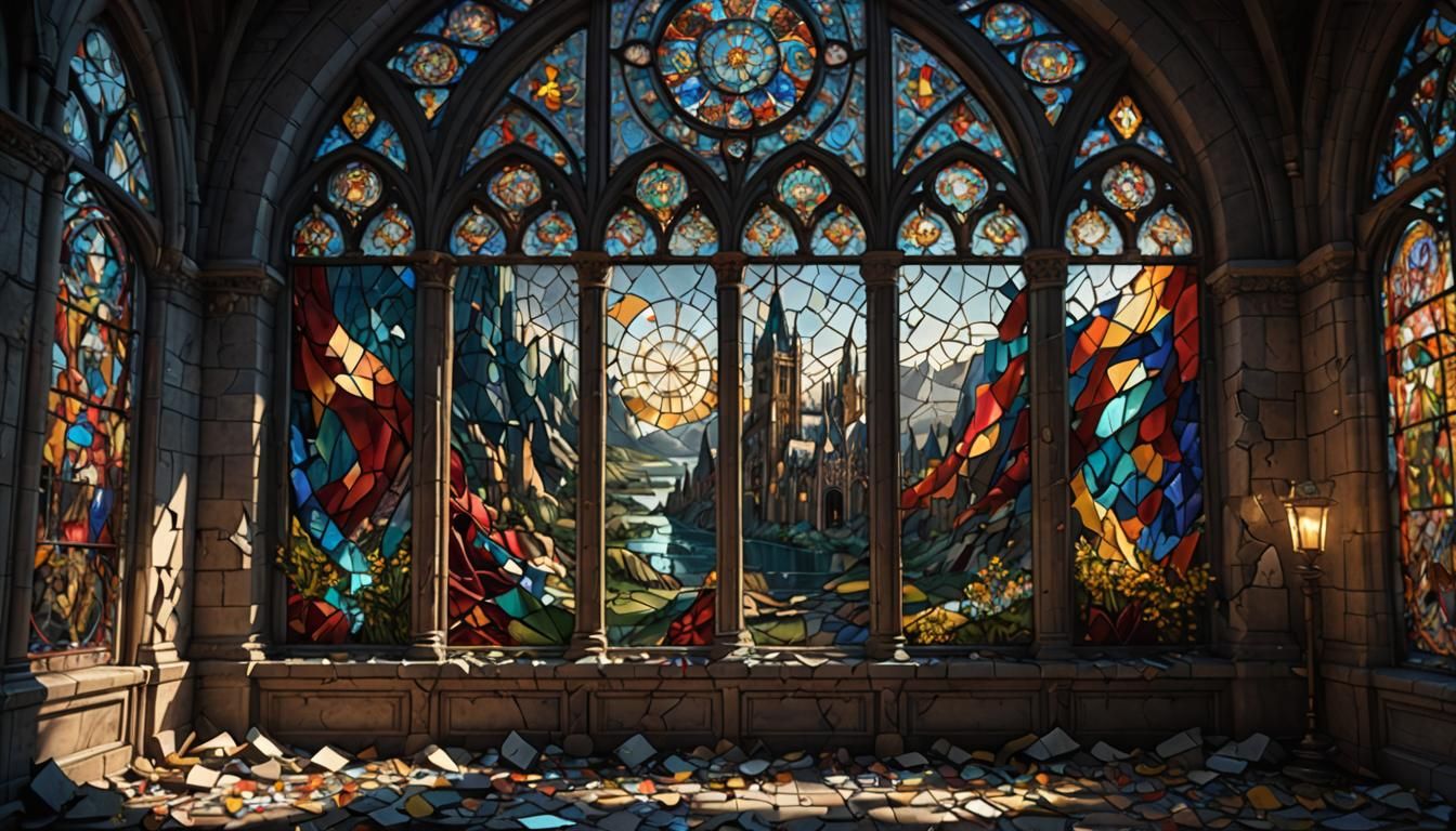 A shattered stain glass window.