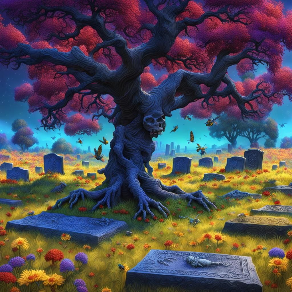 Enchanted Meadow with Skeletal Hand, Fantasy Art