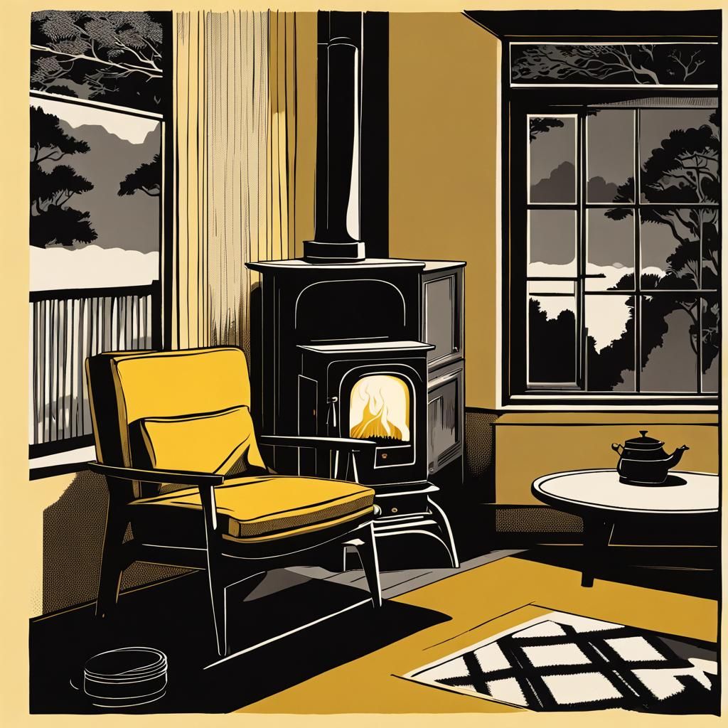 Mid-Century Living Room with Potbelly Stove Illustration