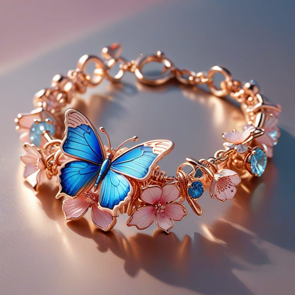 Rose Gold Bracelet with Butterfly and Flower Charms