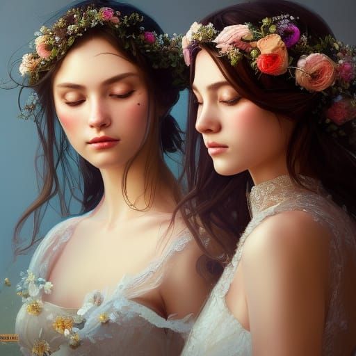 Flower Girl and Bride Portrait in Hyperdetailed Style