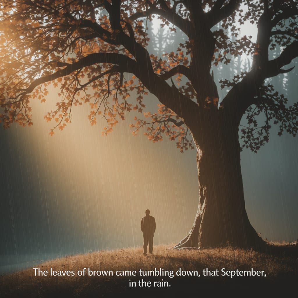 Solitary Figure Beneath Ancient Oak in Autumn Rain