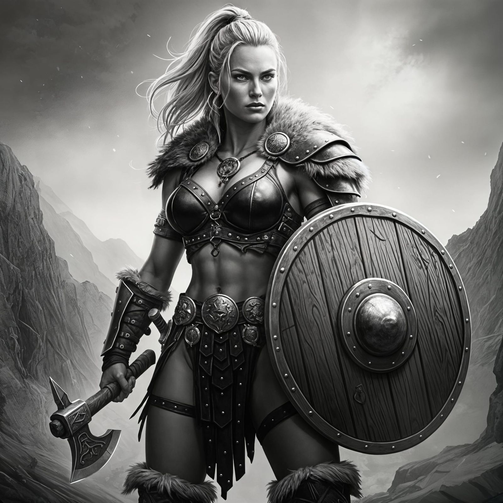 Fierce Barbarian Woman in Pencil Sketch Style