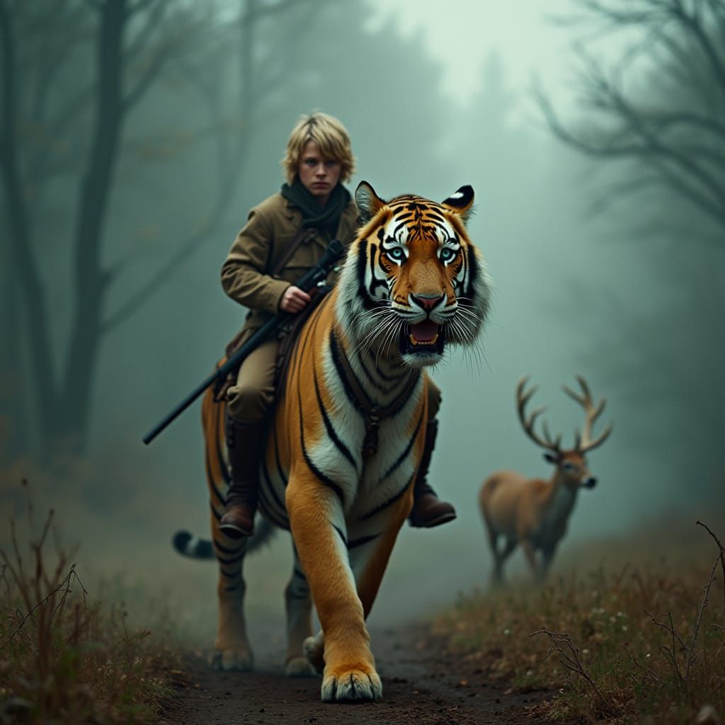 Majestic Hunter Riding a Tiger Through a Misty Forest