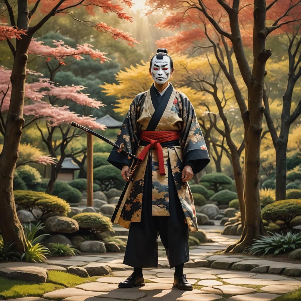 Samurai Mime in Japanese Garden as Oil Painting