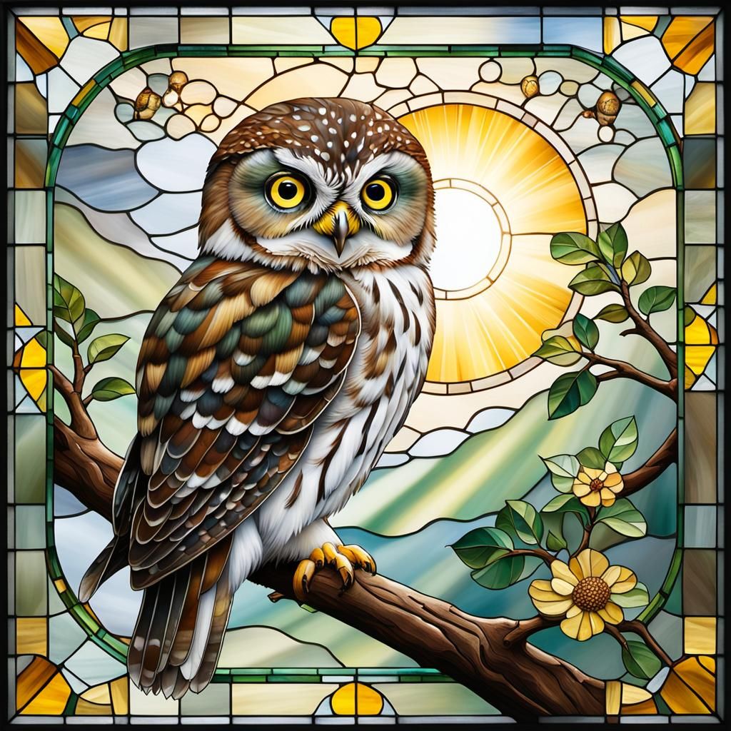 Stained Glass Owl with Sunshine Beams