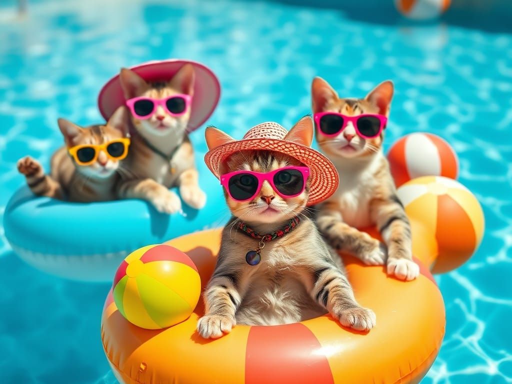 Cats' Pool Party in Playful Cartoon Style