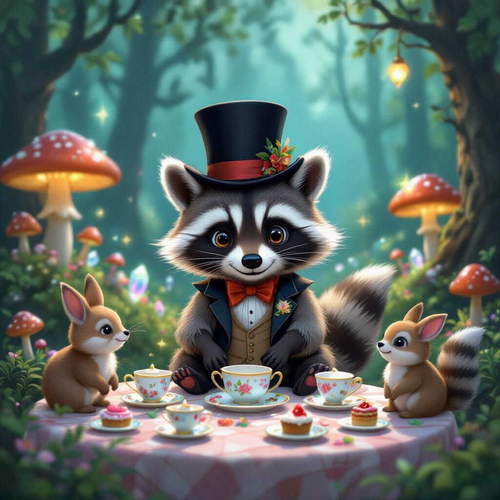 Raccoon's Enchanted Tea Party in Ghibli-Froud Style