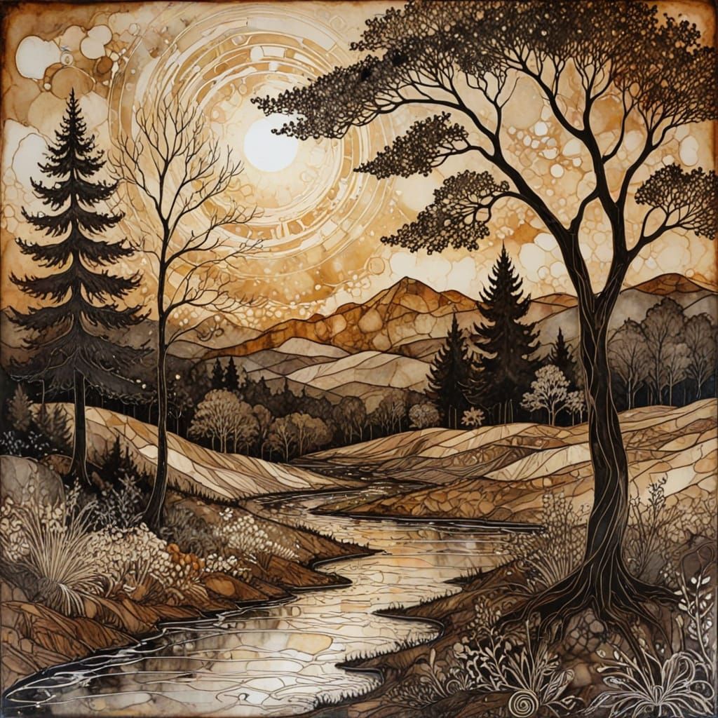 Ethereal Medieval Landscape in Sepia and Bold Lighting