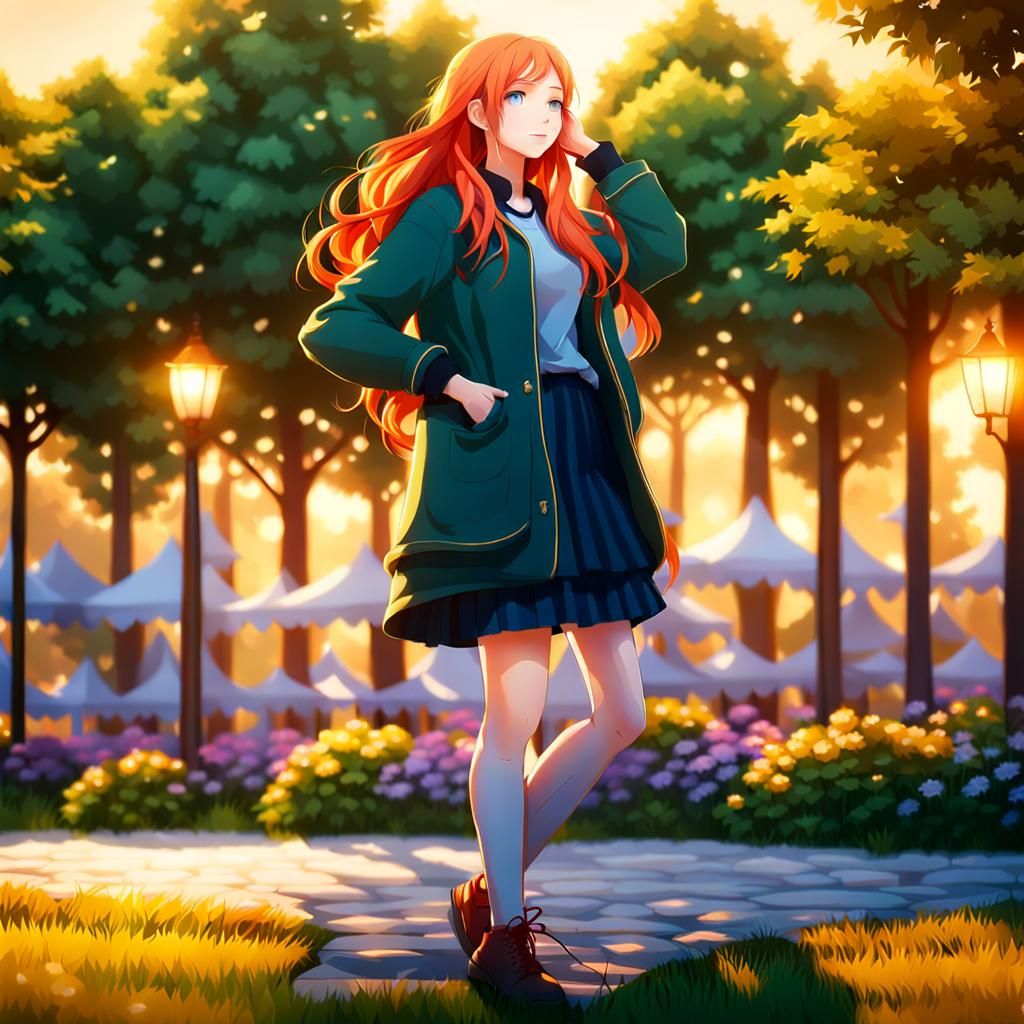 Redhead Girl Portrait in Sunlit Garden, Realistic Anime Styl...