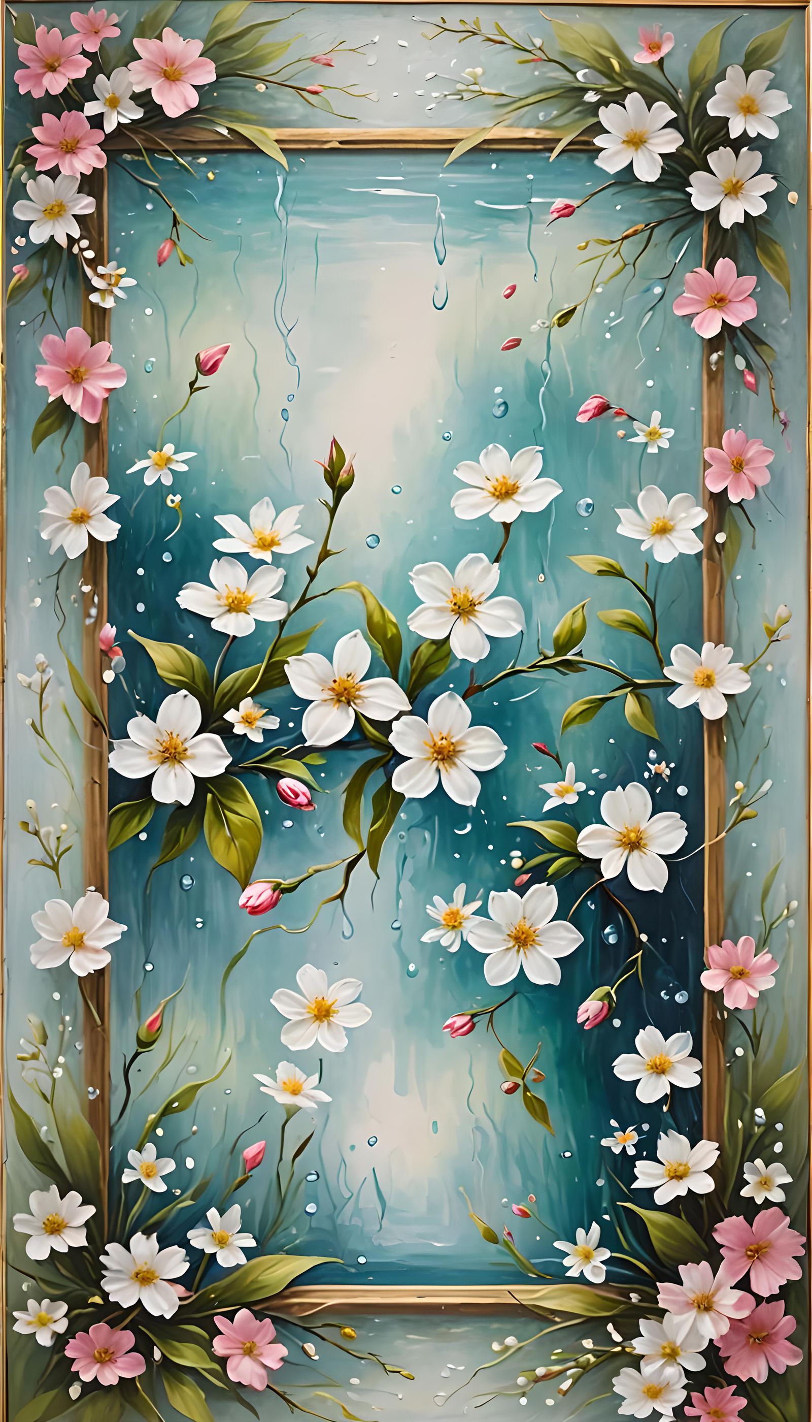 Oil painting water water water in the center and a frame of ...