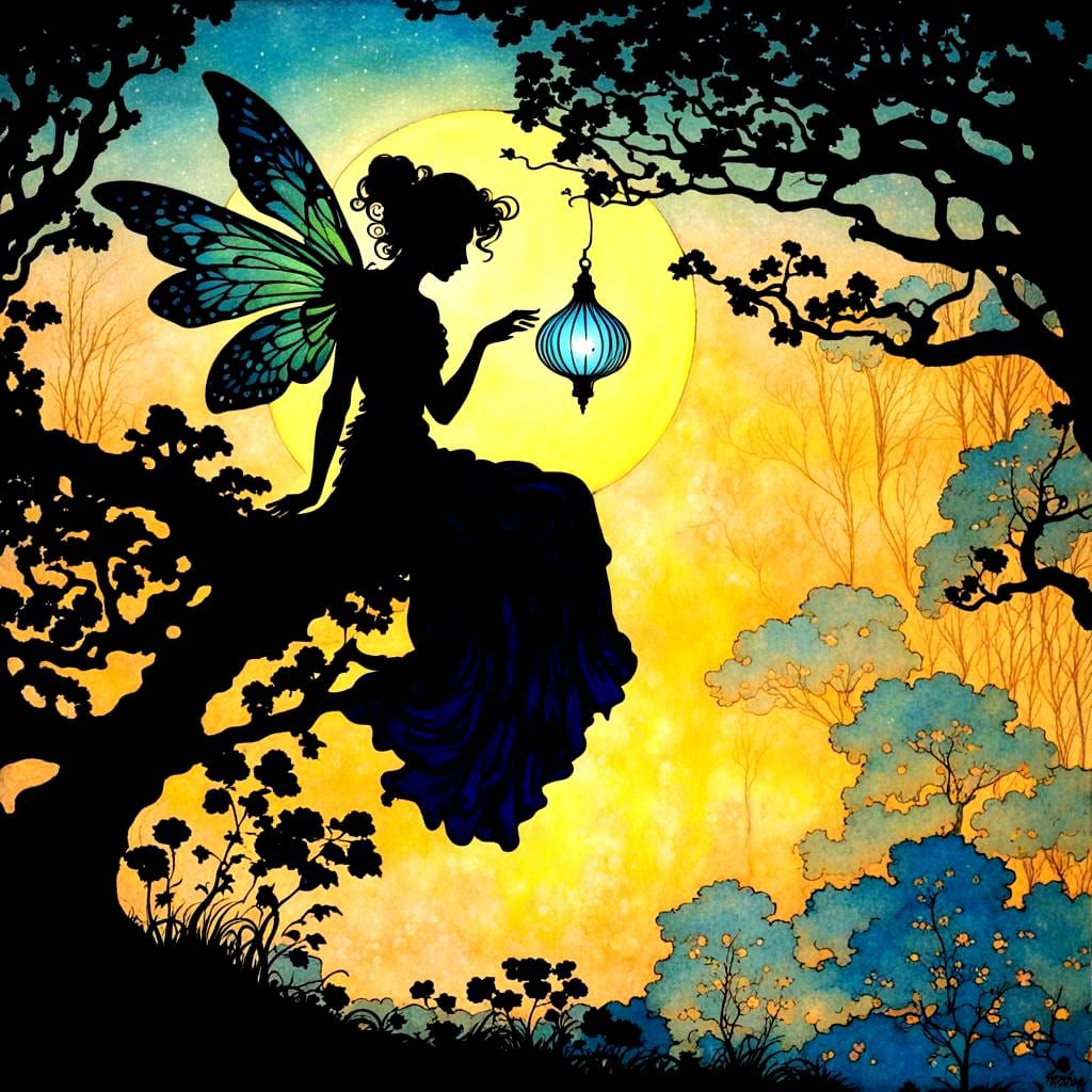 Dreamlike Fairy Silhouette in Neon Hues
