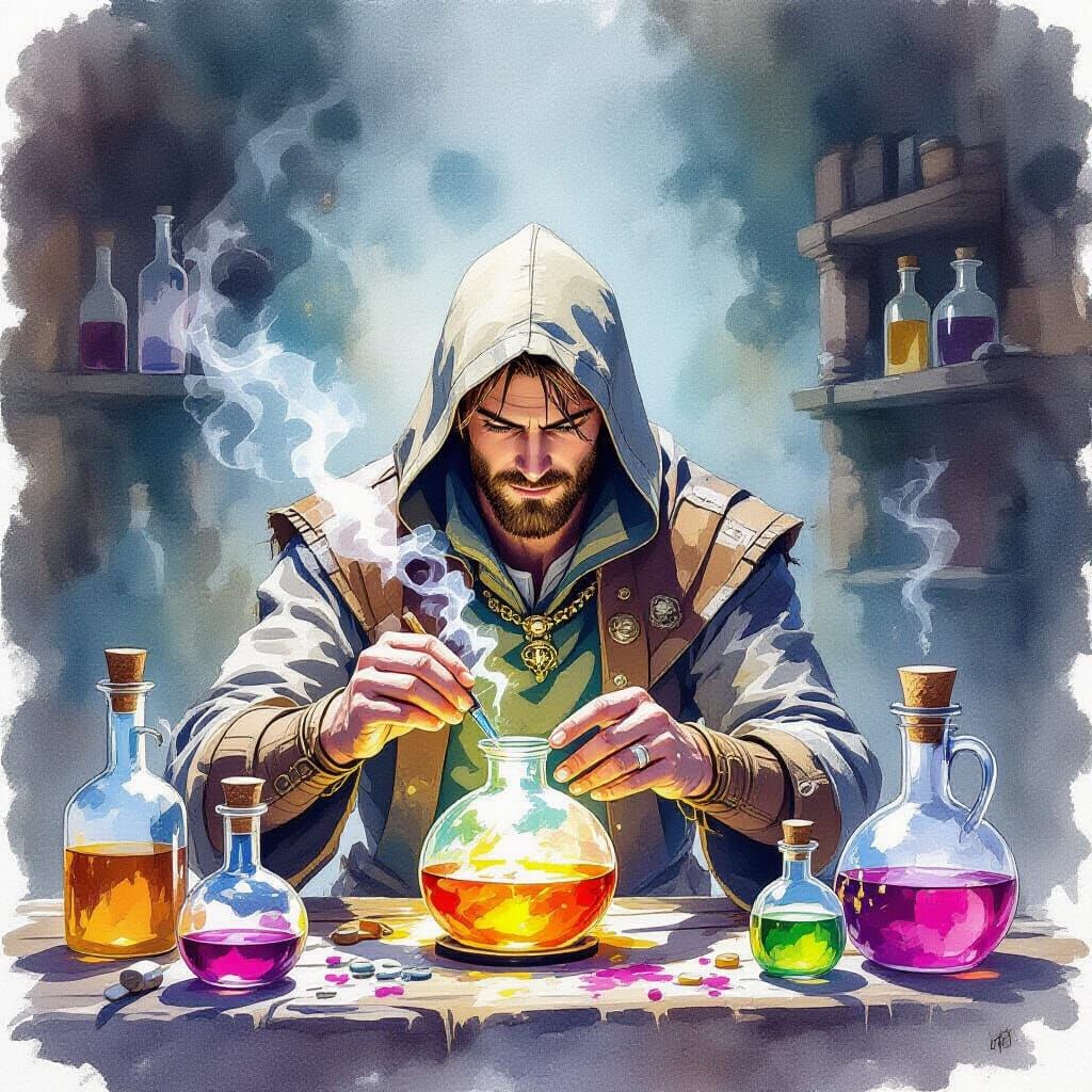 Alchemist Preparing Potions in Watercolor Style