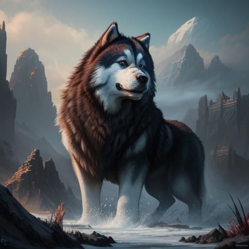 Detailed Matte Painting of a Fantastical Malamute