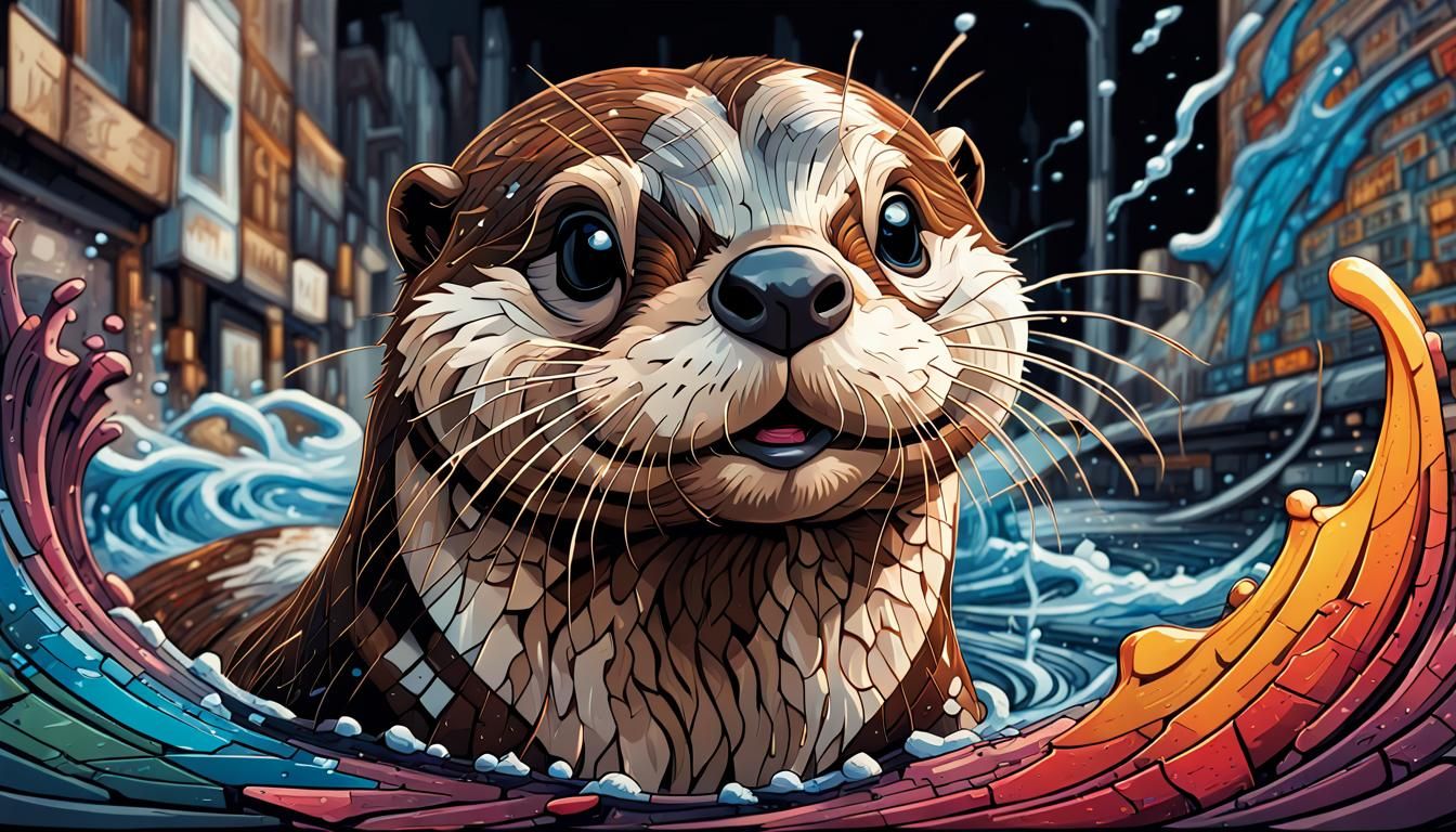 Colorful Mosaic Otter with Book, Comic Book Art