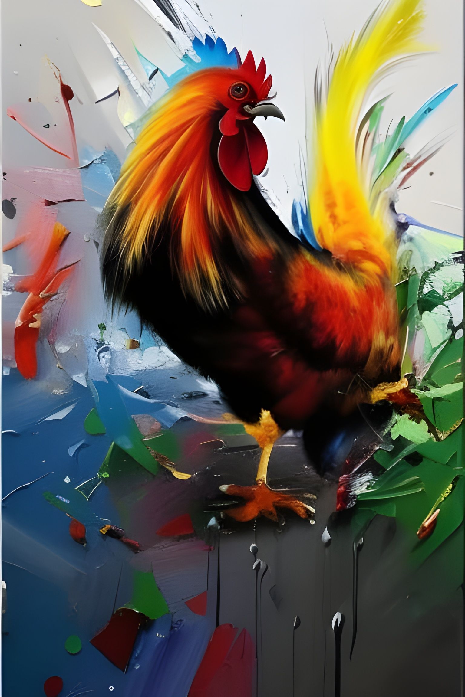 Rooster Mating Dance in Mixed Media Impasto