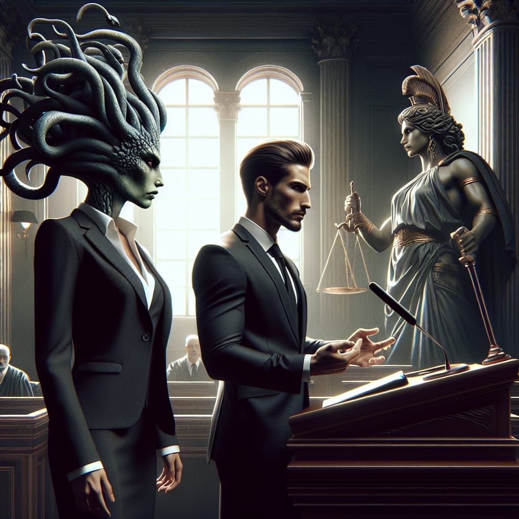 Medusa wearing a sleek black business suit and her lawyer in a modern day court of law before a judge suing Poseidon and...