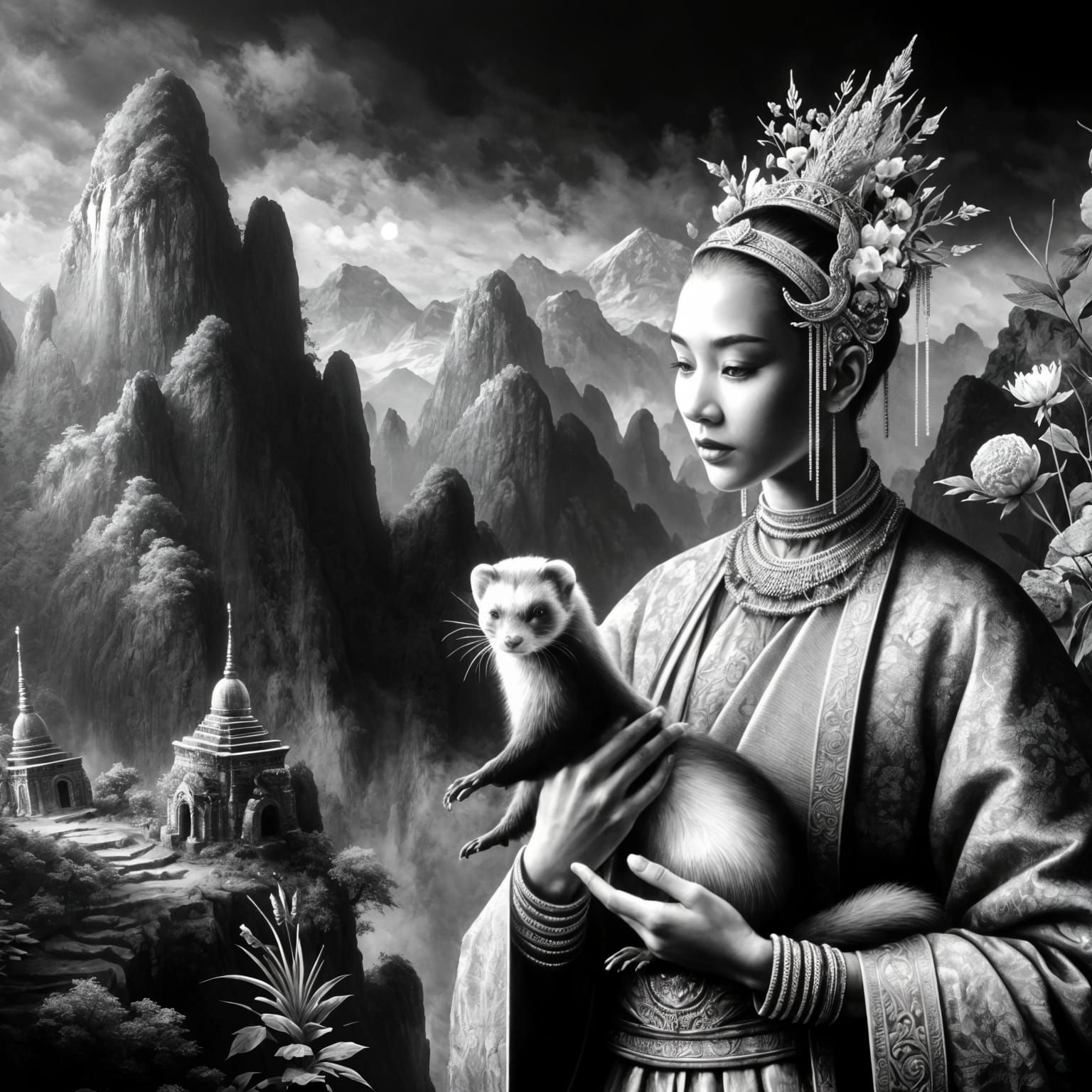 Forest Fairy with Ferret as Dark Fantasy Oil Painting