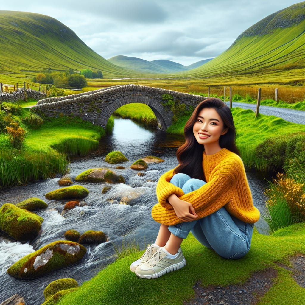 Idyllic Irish Landscape with Woman on Bridge