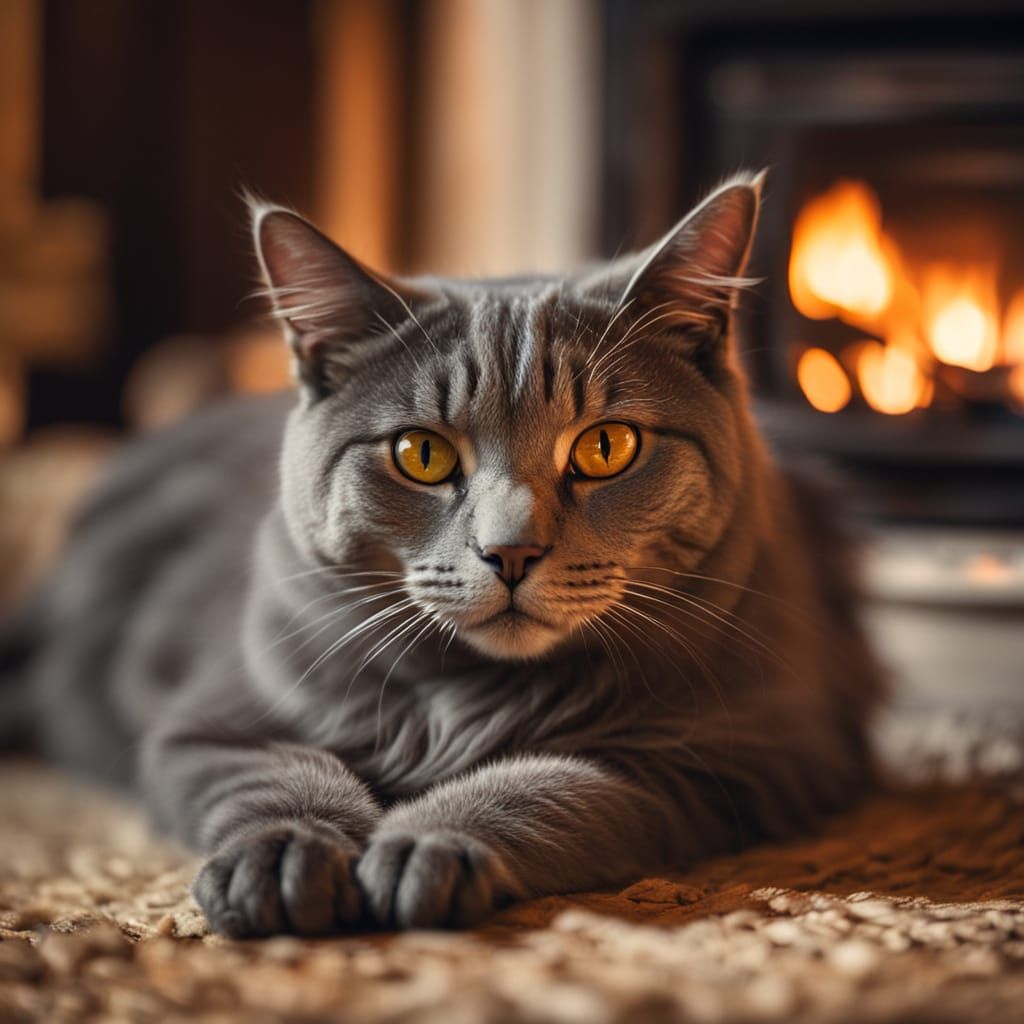 Gray Cat by Fireplace in Filmic Portrait Style