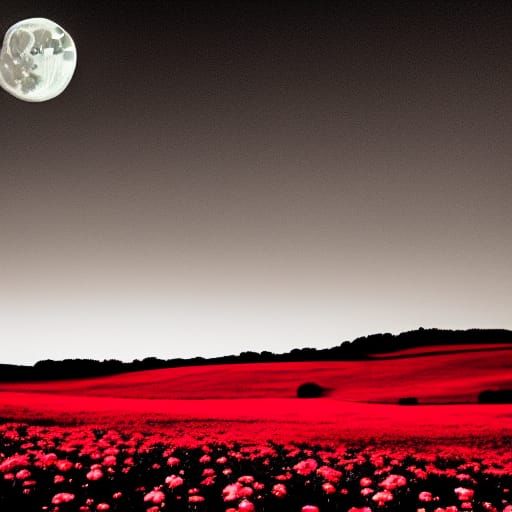 Glowing Red Flowers Field Under Sunset Moon