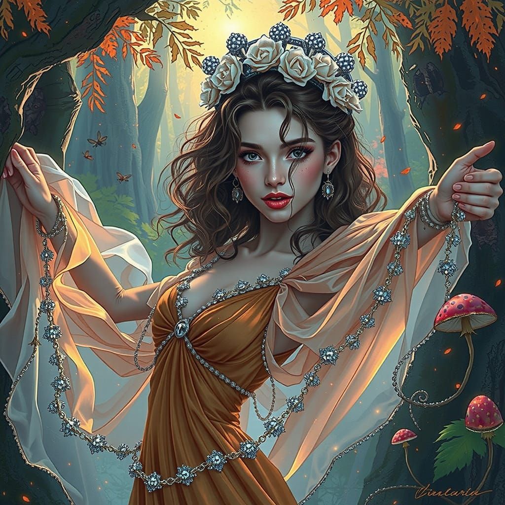 Ethereal Woman in Bioluminescent Forest Illustration