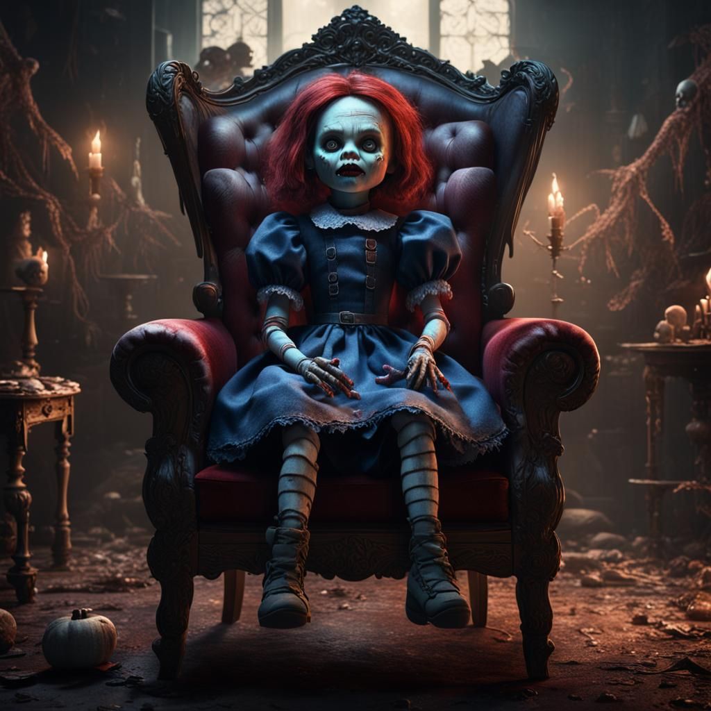 Sinister Killer Doll in Chair, Horror Art