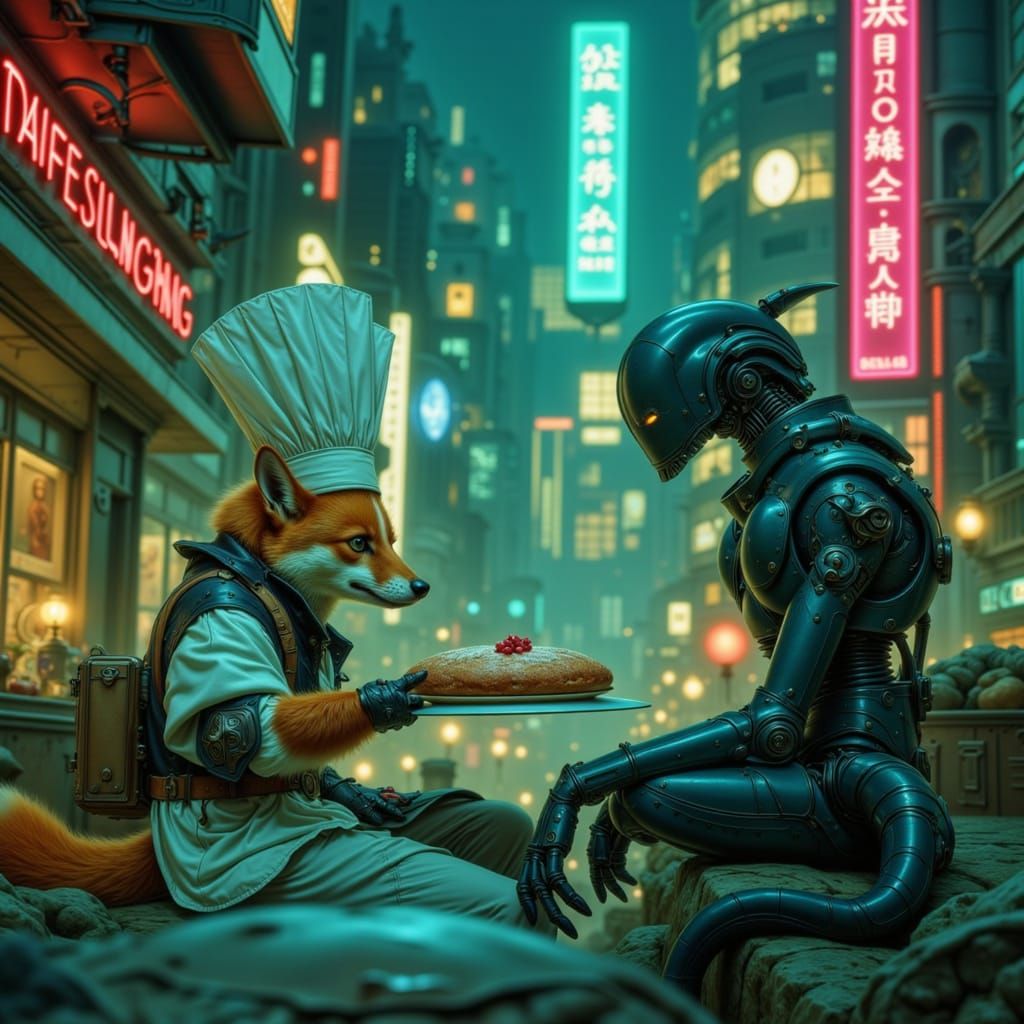 Fox Shares Pie with Robot in Retro-Futuristic City