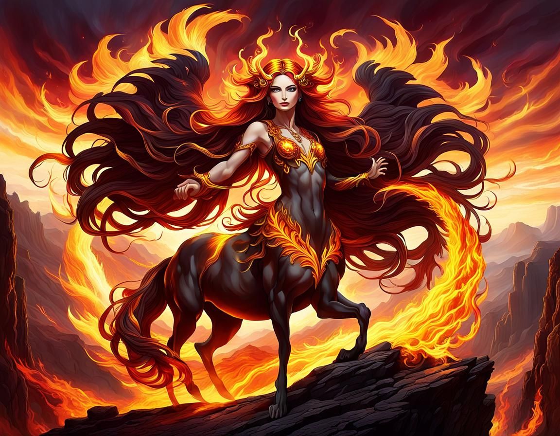 Elegant Fire Centaur Phoenix Hybrid on Cliff