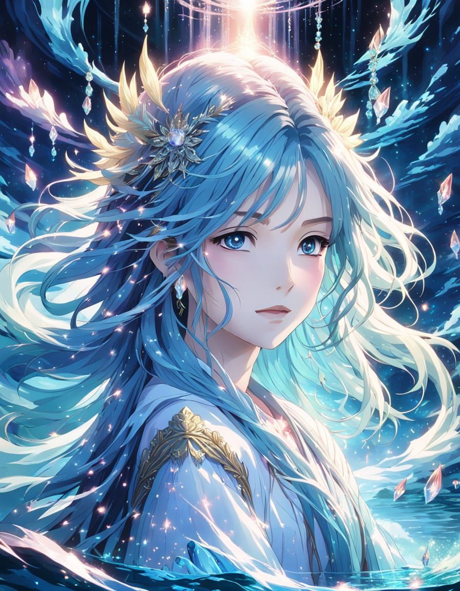 Anime Water Spirit Portrait with Flowing Hair