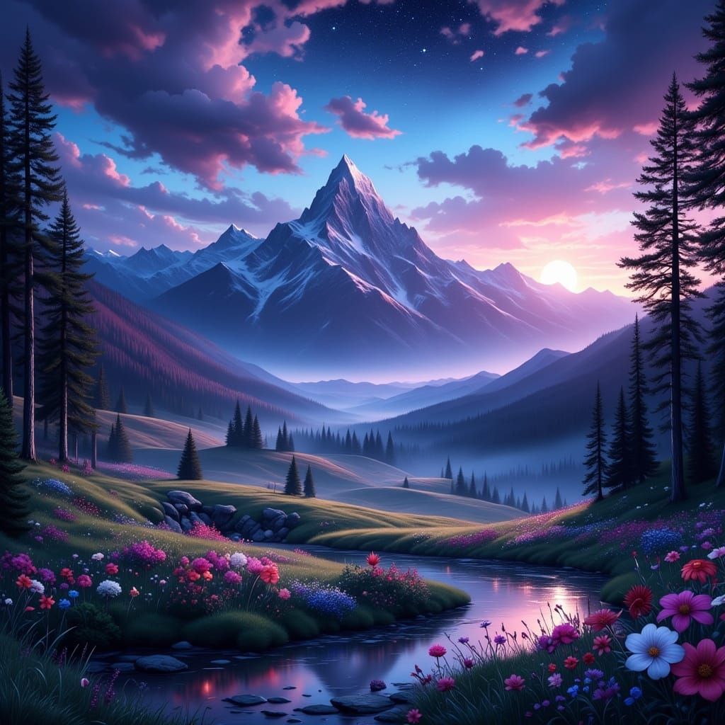 Epic Gothic Fantasy Landscape at Dusk with Majestic Mountain...