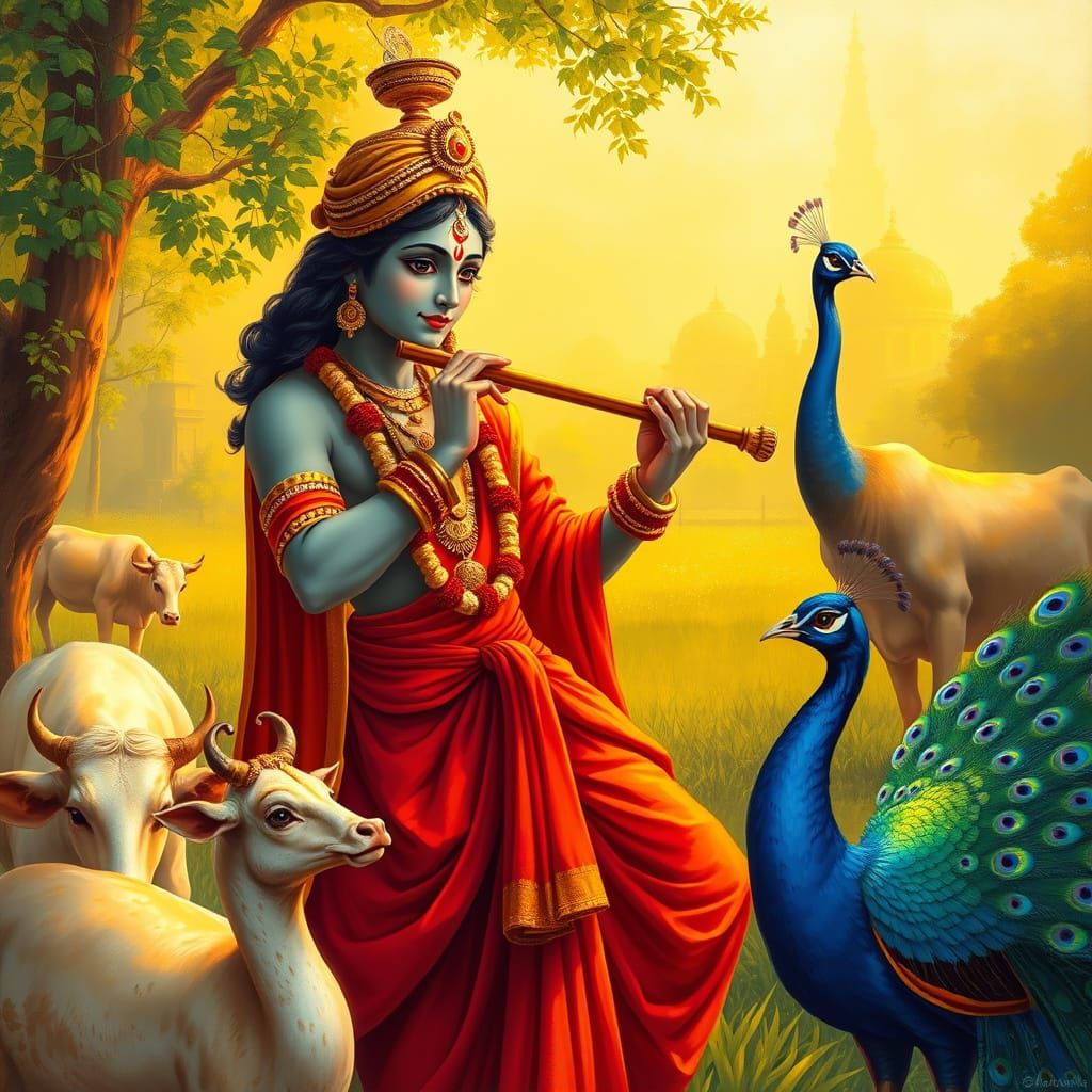 Lord Krishna in Serene Vrindavan Garden with Gentle Cows and...