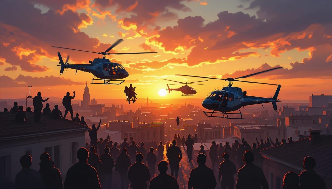 Helicopters Evacuate Rooftops in Dramatic Sunset Oil Paintin...