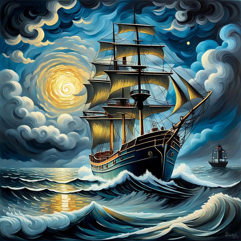 Vibrant Neo-Expressionist Ship Setting Sail Under the Cold M...