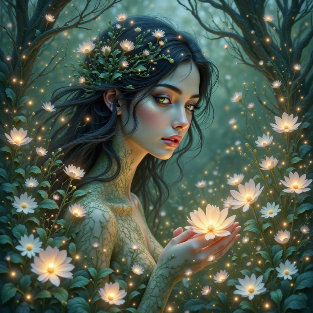 Dryad Tending Bioluminescent Flowers in Hidden Grove