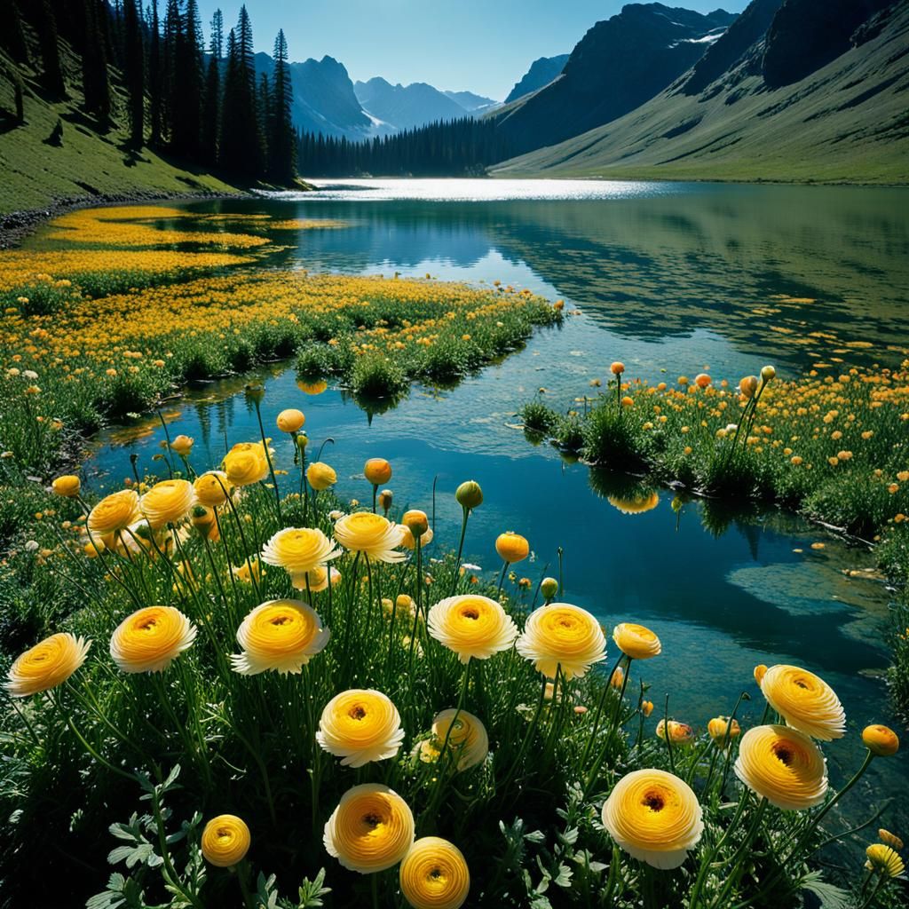 Luminous Crowfoot Lake with Mountain Stream
