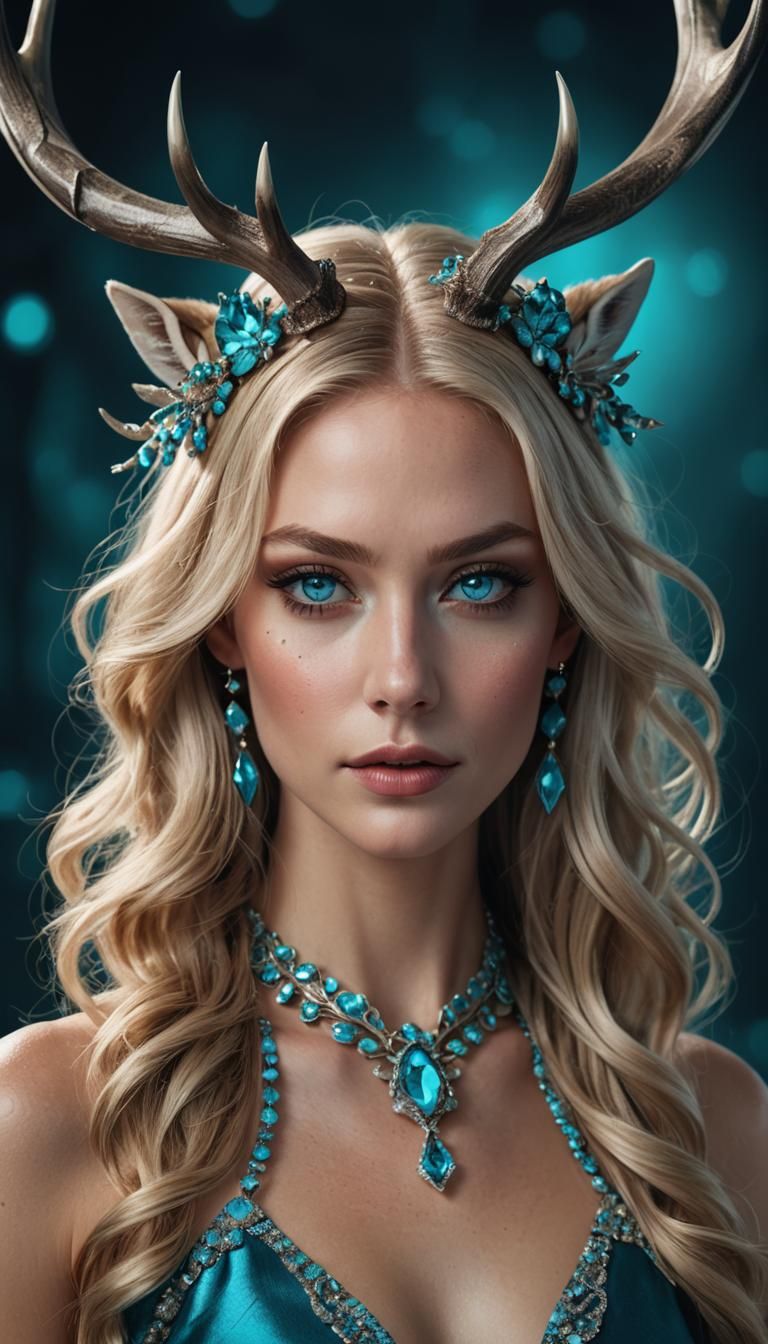 Gemstone Antlered Woman in Turquoise Gown: Hyperdetailed Art