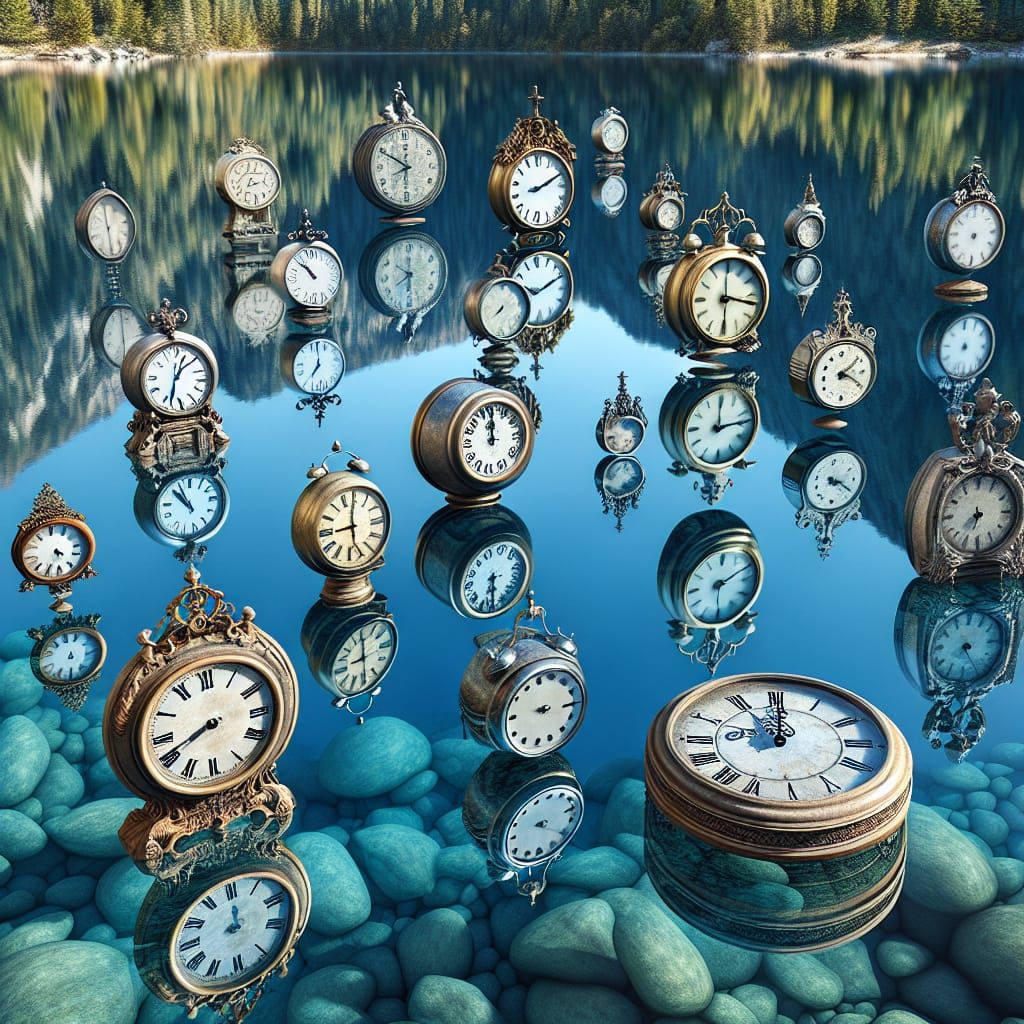 Surreal Mirror Lake Reflecting Drifting Clocks