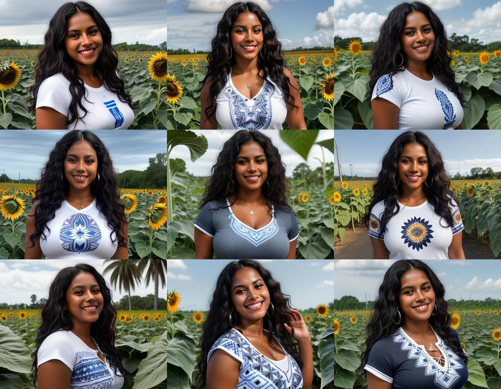 Beautiful Latina Woman in White Sunflower Shirt