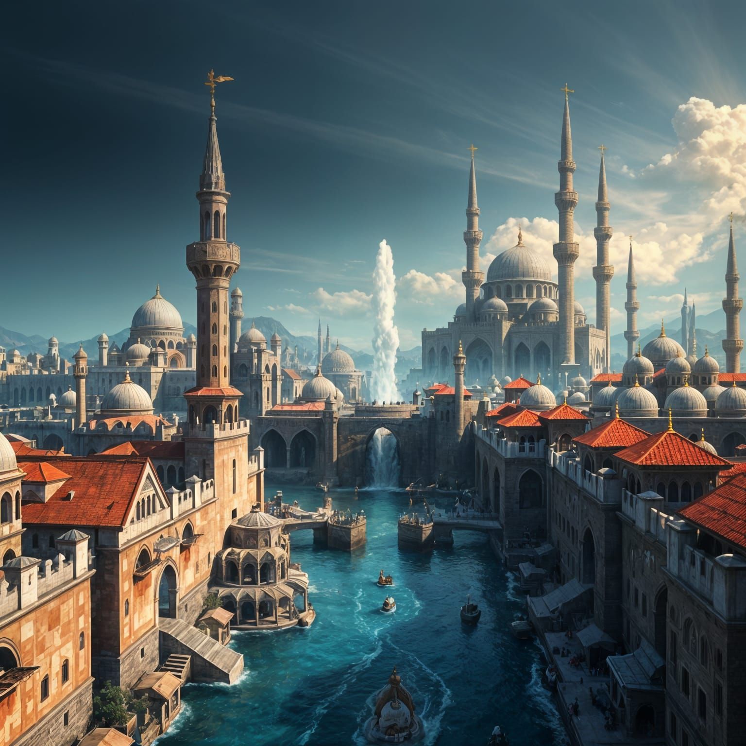 Fantasy Arabian City with River and Fountain