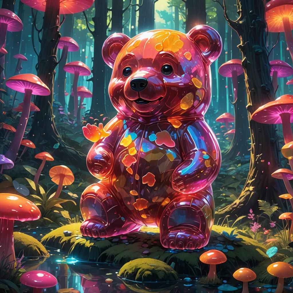 Giant Gummy Bear in Glowing Mushroom Forest