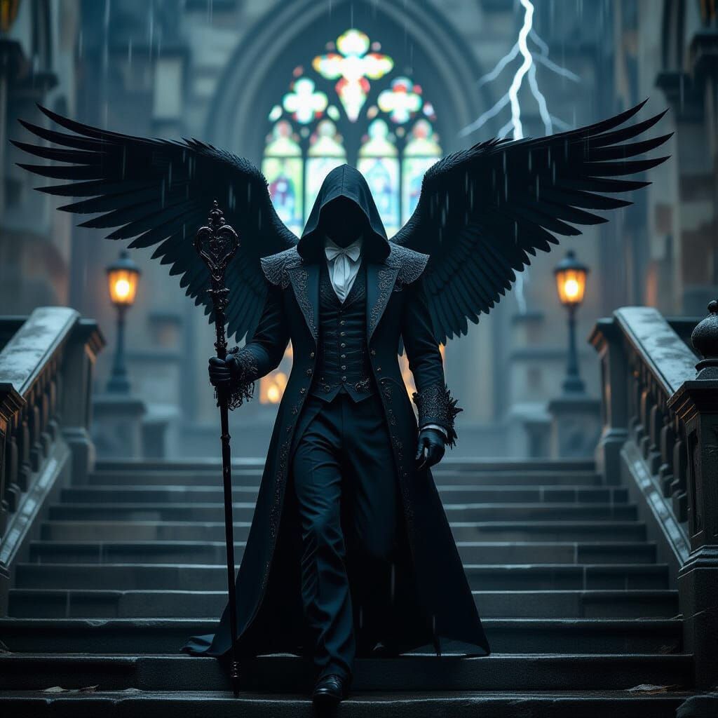 Victorian Man with Wings Ascending Gothic Steps