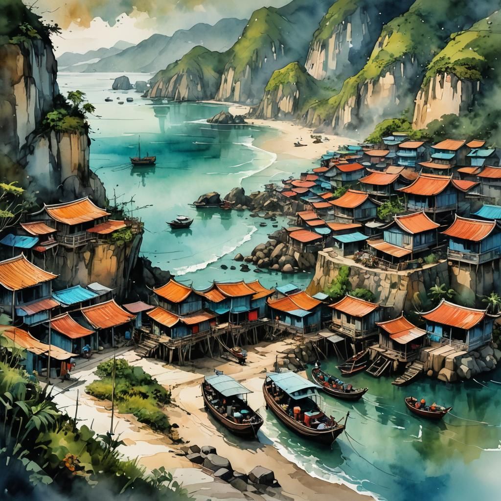 Vietnam Coastal Road: Watercolor and Alcohol Ink Painting