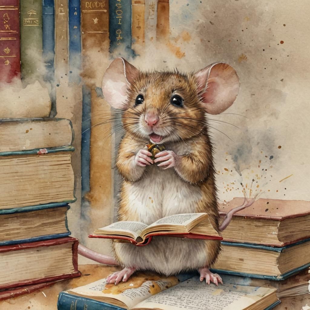 Cute Mouse Reading Watercolor Painting