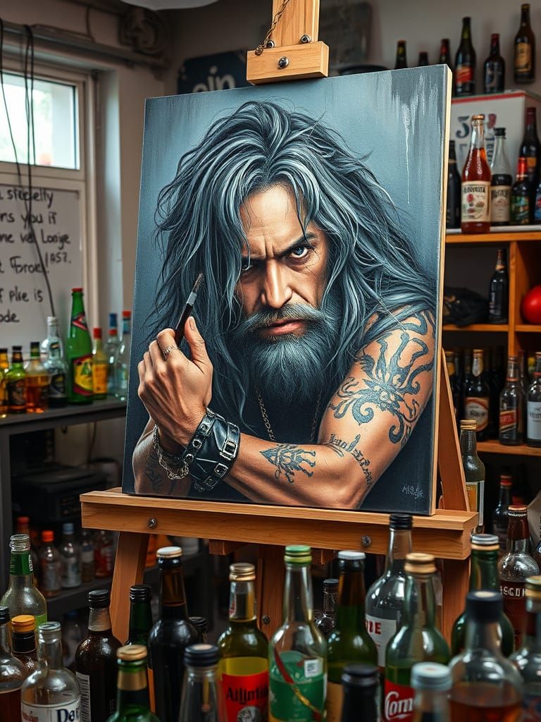 Rock Metal Artist Paints Self Portrait in Studio
