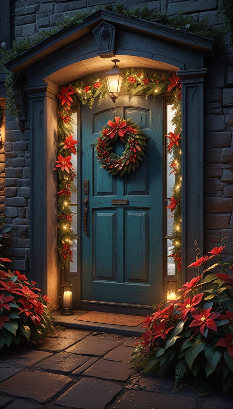 Majestic Christmas Wreath Adorned with Vibrant Flowers and R...