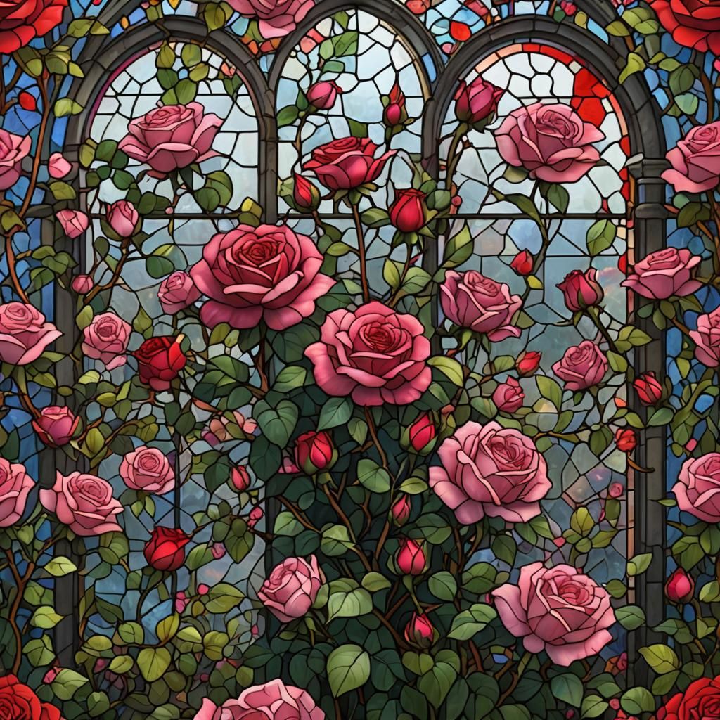 Blooming Rose Garden in Stained Glass Style