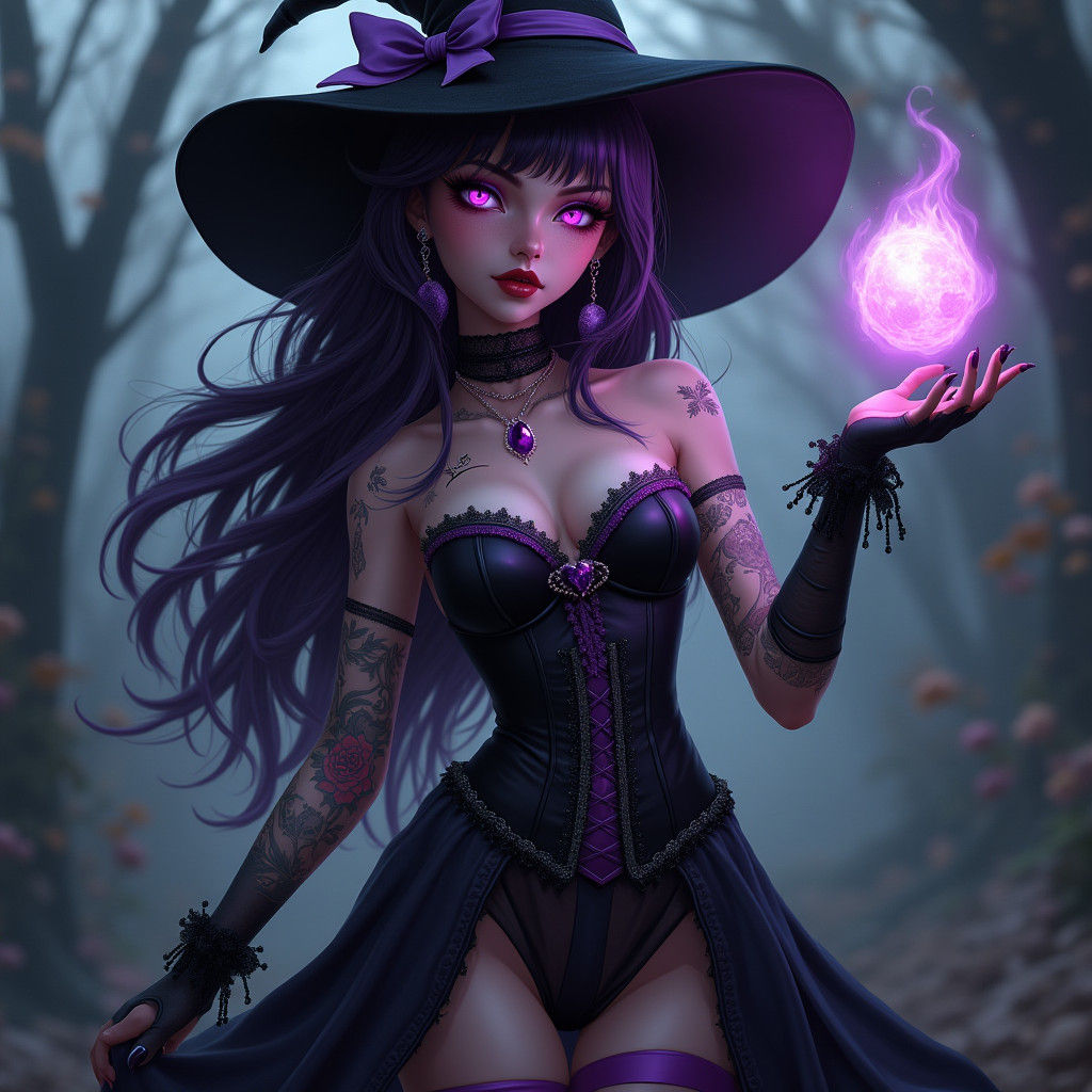 Gothic Witch with Purple Hair and Crescent Moon